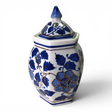 Vintage Hexagonal Blue & White Ceramic Ginger Jar