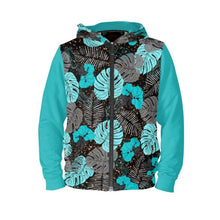 Unisex Hawaiian Print Hooded Sweatshirt - Black and Turquoise