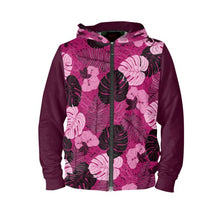 Unisex Hawaiian Print Zip Hooded Sweatshirt - Magenta and Black